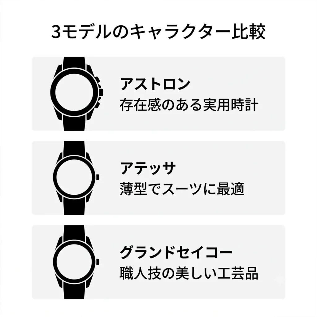 セイコーアストロン、シチズンアテッサ、グランドセイコーの3つの腕時計の特徴を対比した項目比較の図解。存在感と実用性のアストロン、薄型でスーツ向きのアテッサ、職人技による工芸品価値のグランドセイコーという、それぞれの強みやキャラクターの違いを解説しています。