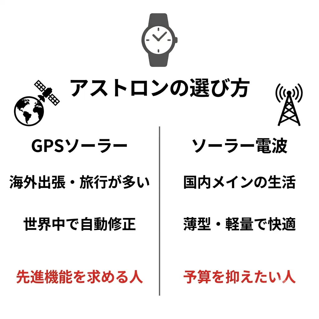 セイコーアストロンの「GPSソーラー」と「ソーラー電波」の選び方を比較した図解。海外出張が多く世界中で自動修正したい人向けのGPSソーラーと、国内メインで薄さ・軽さ・コスパを重視したい人向けのソーラー電波の特徴が左右で対比されています。