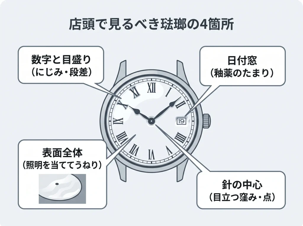 琺瑯の個体差で変化する文字盤の４つの確認箇所