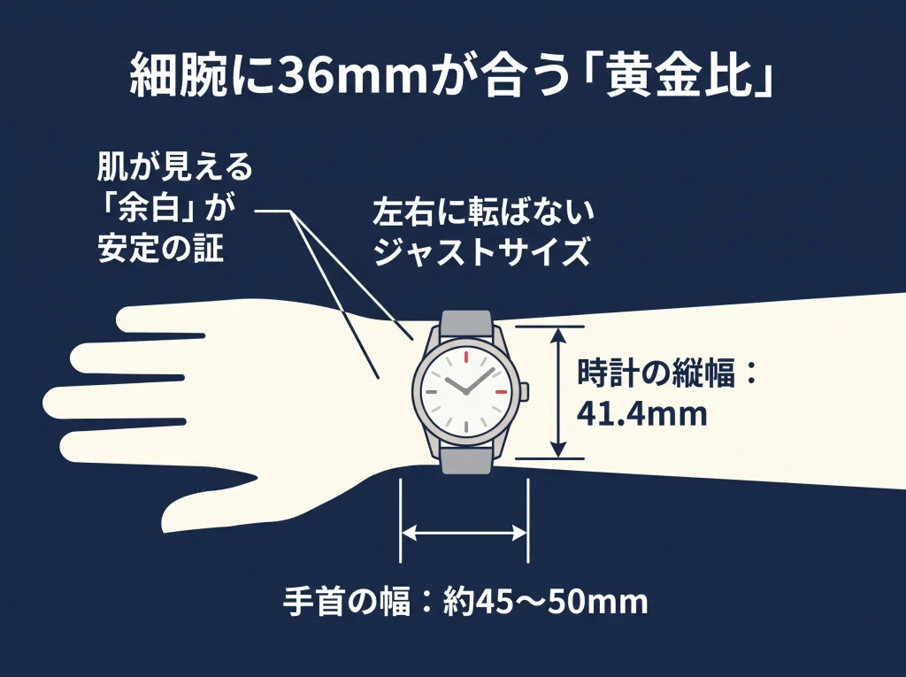 時計の縦幅と細腕を比較し余白による安定感を図解