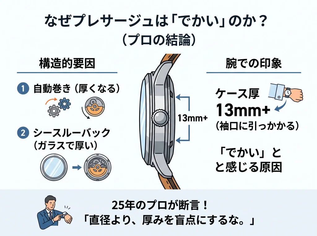 プレサージュの厚さの原因は、自動巻きと裏蓋