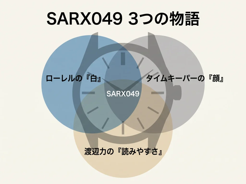 腕時計SARX049を構成する3つの歴史的要素を表した図解