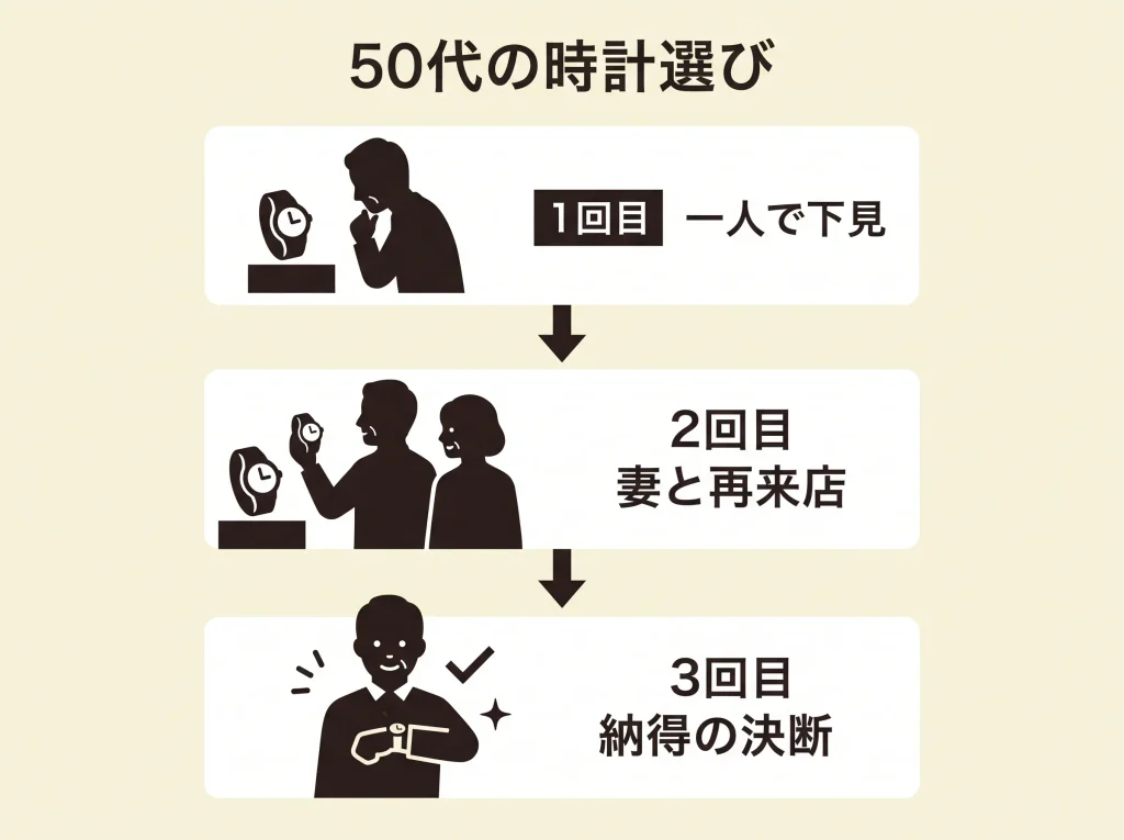 ５０代が腕時計選びで下見から決断へと至る変化の図解