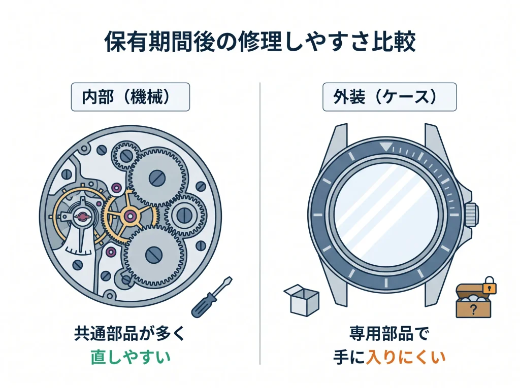 時計の内部と外装で修理部品の入手難易度が変わる図解