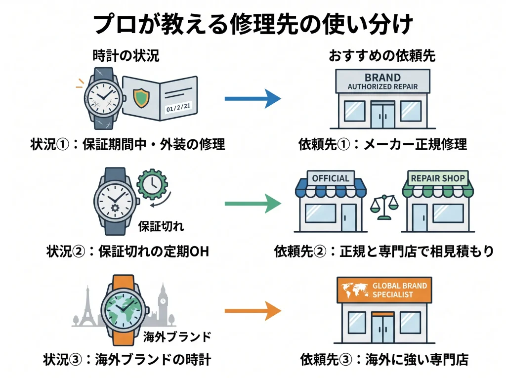 時計の症状や保証有無で最適な修理依頼先が変わる図解