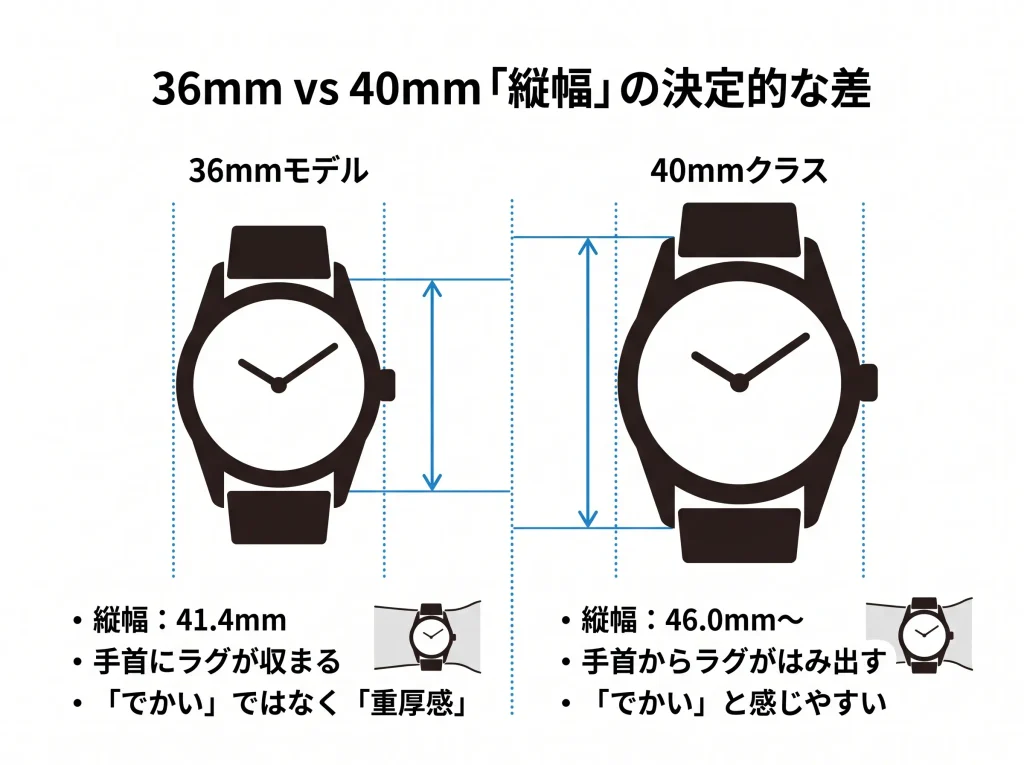 36mmと40mmの時計の縦幅比較。細腕への影響