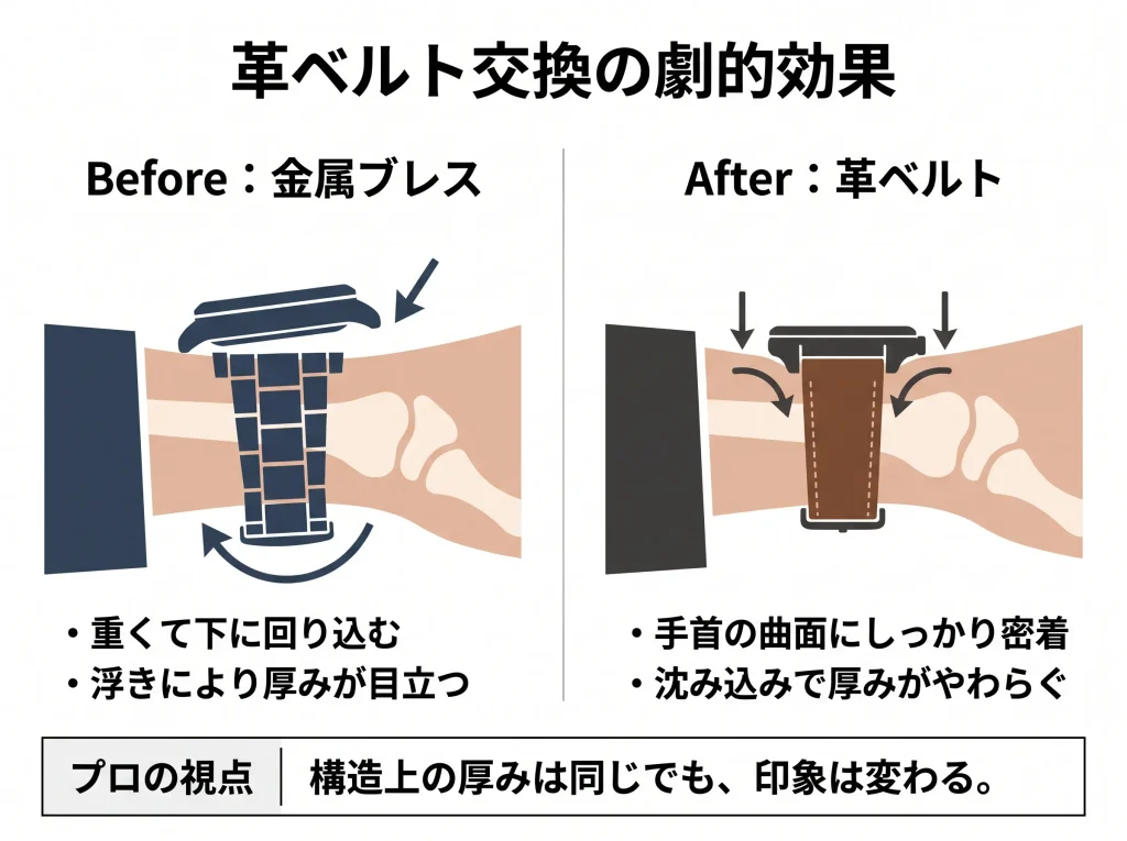 革ベルトへの交換で時計の浮きと厚みの印象が改善する