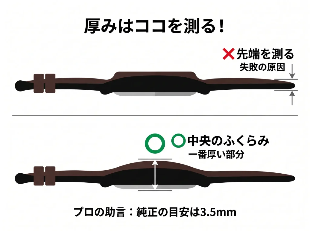 革ベルトの厚みを測る正しい位置と間違った位置の比較